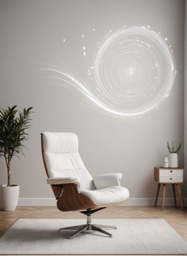 a group of people working on a big table on their laptops, headphones, water bottles